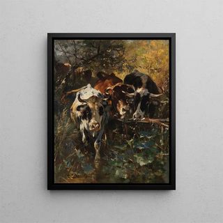 Khe dans le pâturage forestier - Anton Braith — framed artwork on a wall