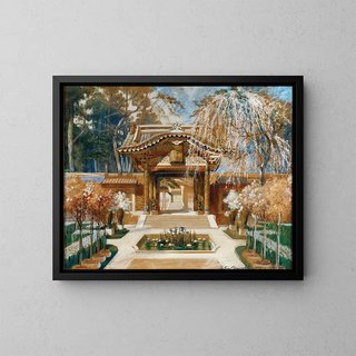 Conception de scène d'un temple japonais et d'un arbre en fleurs - Anton Brioschi — framed artwork on a wall