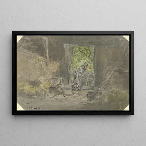 a rural barnyard in front of the open door, a woman busy at the laundry - Anton Burger — framed artwork on a wall