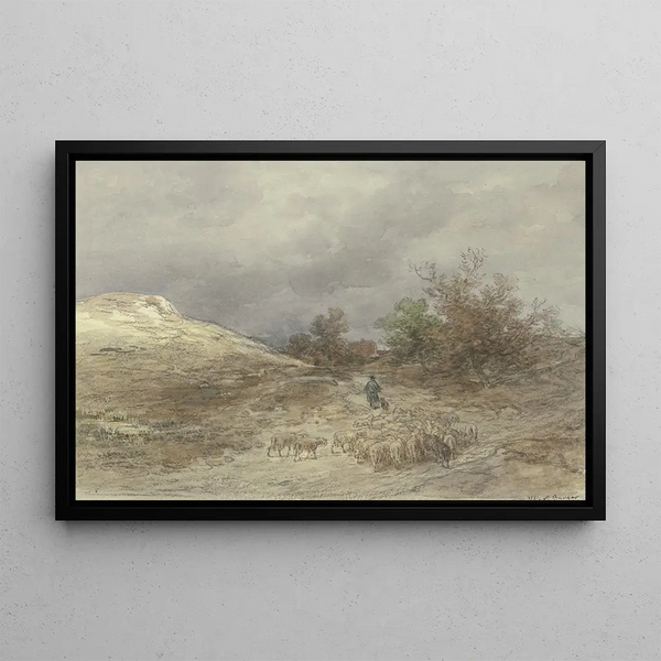 Path hollow with flock of sheep near Kelsterbach - Anton Burger — framed artwork on a wall