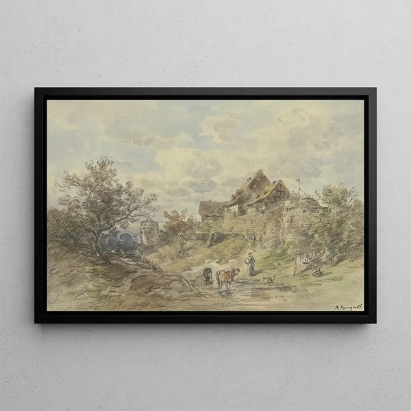 Landscape with Path, Two Cows with Peasant in the Foreground - Anton Burger — framed artwork on a wall