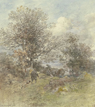 Landscape painting with hunter and farmer loading wood - Anton Burger — artwork view
