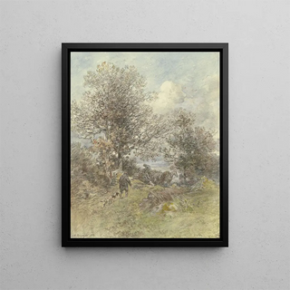 Landscape painting with hunter and farmer loading wood - Anton Burger — framed artwork on a wall