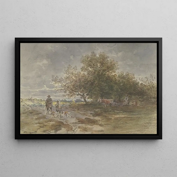 Landscape with Hunter and Peasant Plowing - Anton Burger — framed artwork on a wall