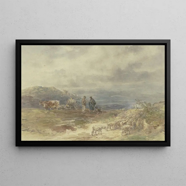 Landscape painting with a flock of sheep and a ox cart - Anton Burger — framed artwork on a wall
