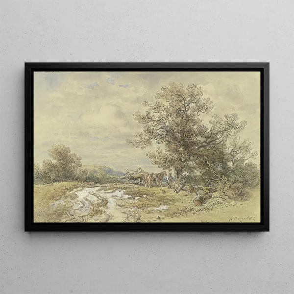 Landscape painting with large tree and wooden cart - Anton Burger — framed artwork on a wall