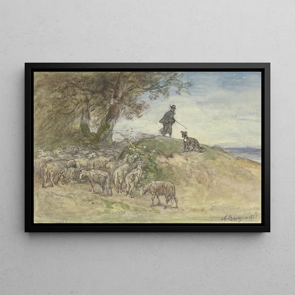 Herd of sheep in the storm under a tree - Anton Burger — framed artwork on a wall