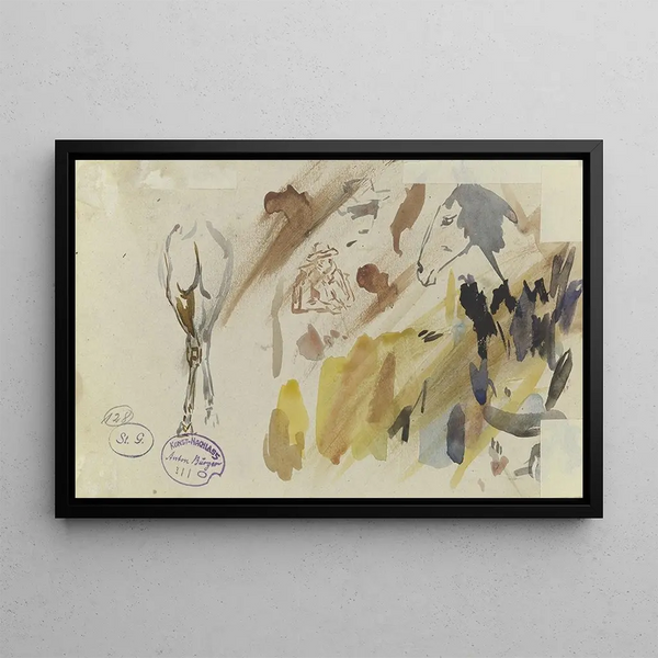Feuille d'études Chevaux et Homme avec chapeau - Anton Burger — framed artwork on a wall