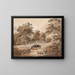 Landscape painting with a bridge over a stream - Anton Carl Dusch — framed artwork on a wall