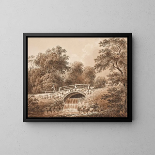 Landscape painting with a bridge over a stream - Anton Carl Dusch — framed artwork on a wall