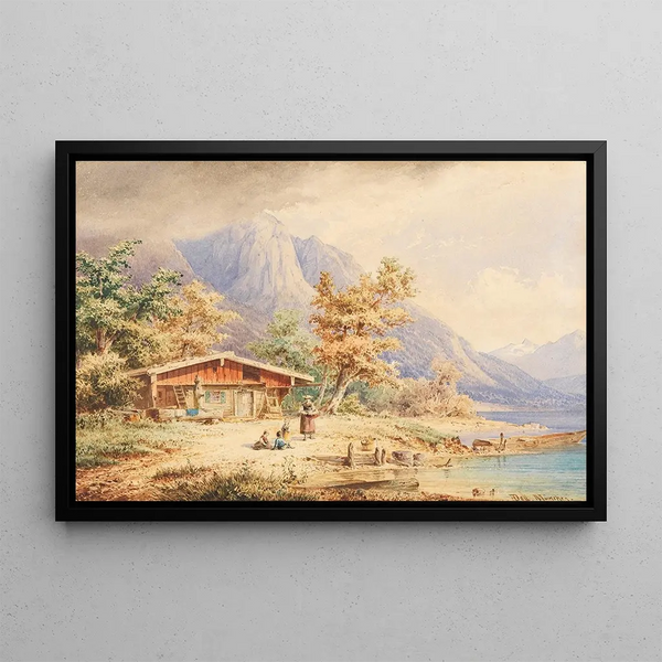 Cabin by the Lake Edge - Anton Doll — framed artwork on a wall