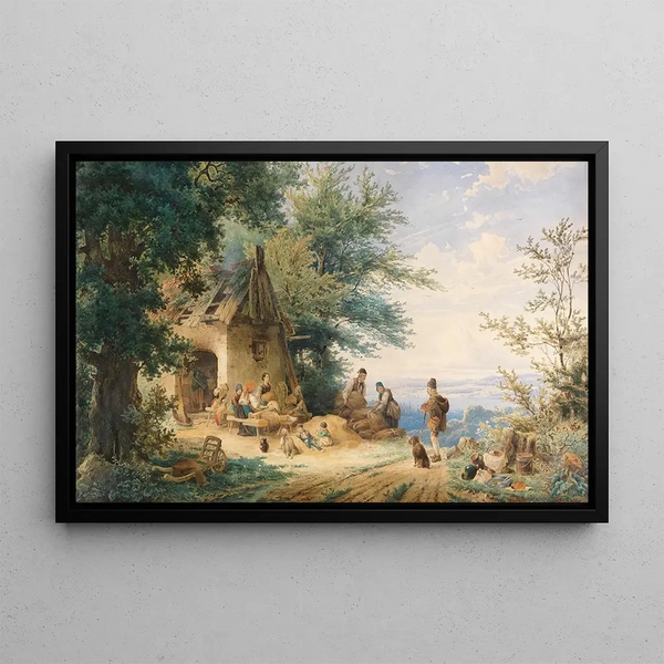 Summer Landscape Painting with Farmers Working Flax - Anton Doll — framed artwork on a wall