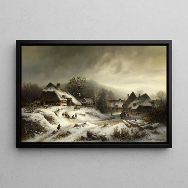 Snowy Village Landscape Painting - Anton Doll — framed artwork on a wall
