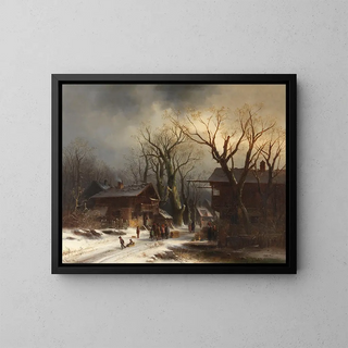 Snowy Village Painting - Anton Doll — framed artwork on a wall