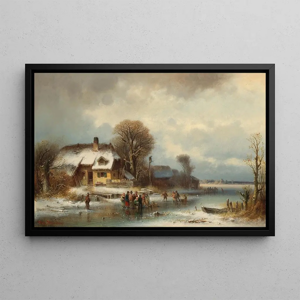 Winter Landscape Painting with Ice Skaters - Anton Doll — framed artwork on a wall