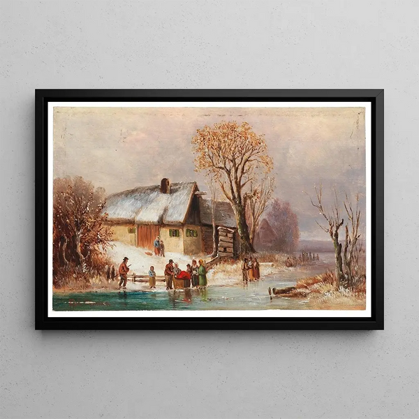 Winter River Landscape with Figures - Anton Doll — framed artwork on a wall