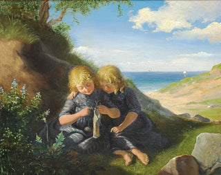 Les deux jumelles assises dans une dune avec un tricot - Anton Dorph — artwork view