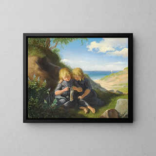 Les deux jumelles assises dans une dune avec un tricot - Anton Dorph — framed artwork on a wall