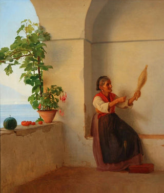 Old woman with a ten-dollar bill sitting in an Italian loggia - Anton Dorph — artwork view