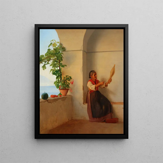 Old woman with a ten-dollar bill sitting in an Italian loggia - Anton Dorph — framed artwork on a wall