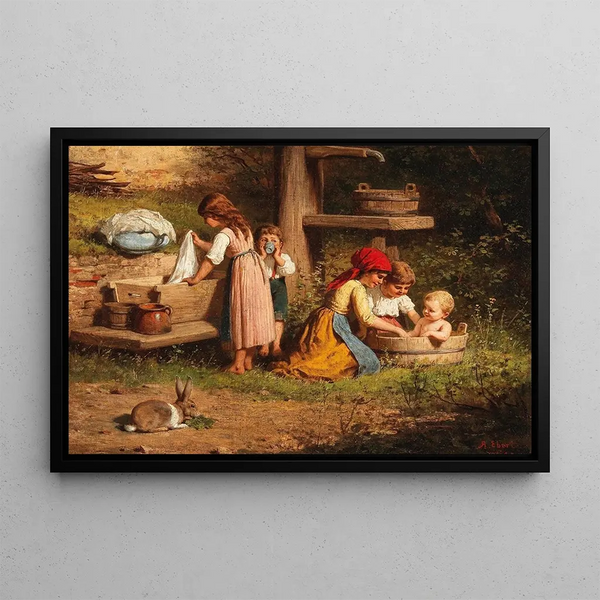 Children at the fountain, on the back formerly titled - Anton Ebert — framed artwork on a wall
