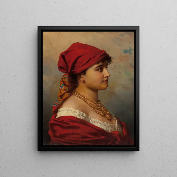 Woman in Red - Anton Ebert — framed artwork on a wall