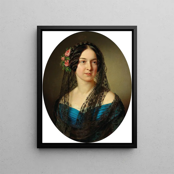Portrait of a lady with roses in her hair - Anton Einsle — framed artwork on a wall