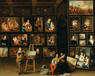A gallery of paintings with two collectors and a painter at his easel - Anton Franz Hampisch — artwork view