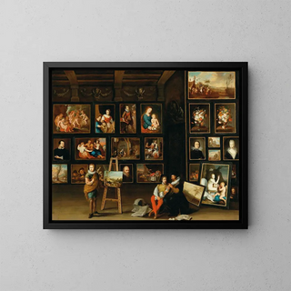 A gallery of paintings with two collectors and a painter at his easel - Anton Franz Hampisch — framed artwork on a wall