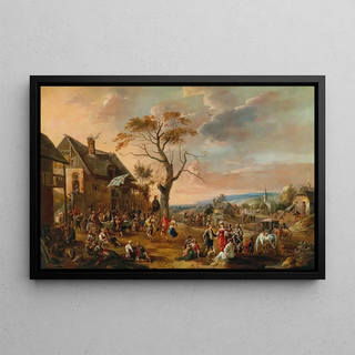 Scene of village fair with peasants dancing - Anton Goubau — framed artwork on a wall