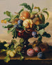 Still life with peaches and plums in a red glass bowl - Anton Hartinger — artwork view