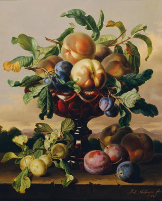 Still life with peaches and plums in a red glass bowl - Anton Hartinger — artwork view