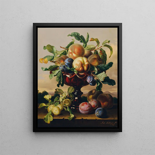 Still life with peaches and plums in a red glass bowl - Anton Hartinger — framed artwork on a wall