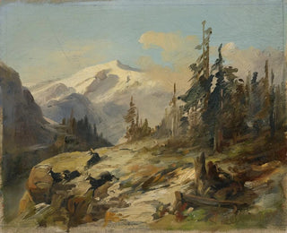 Mountain landscape painting with chamois - Anton Heilmann — artwork view