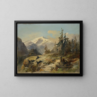 Mountain landscape painting with chamois - Anton Heilmann — framed artwork on a wall