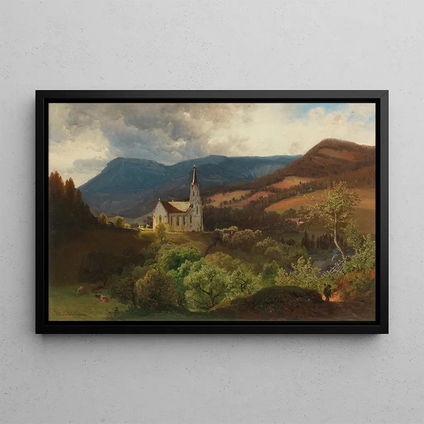Mountain Church Painting - Anton Hlaváček — framed artwork on a wall