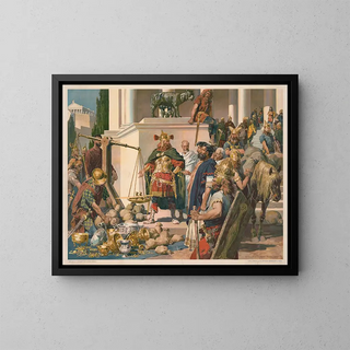 Military Northern Painting negotiating with Romans for bowls and gold and silver coins - Anton Hoffmann — framed artwork on a wall