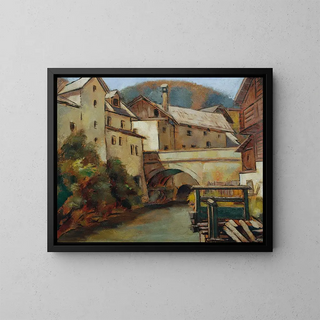 View of a city with river and bridge - Anton Hula — framed artwork on a wall