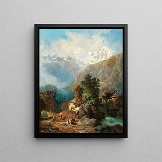 L'idyll of the family in the background: a view of Ortler from Mals - Anton Karinger — framed artwork on a wall