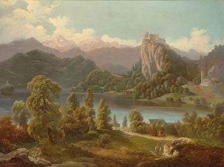 View of the castle and the island with the Sainte-Marie church on Lake Bled - Anton Karinger — artwork view