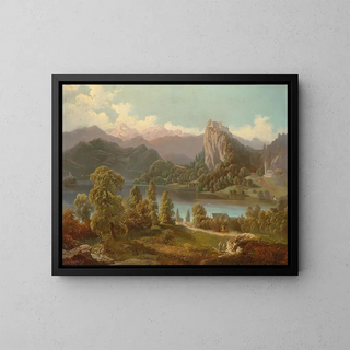 View of the castle and the island with the Sainte-Marie church on Lake Bled - Anton Karinger — framed artwork on a wall