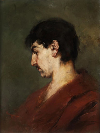 Portrait of a young man's head with black hair and a red coat - Anton Laupheimer — artwork view