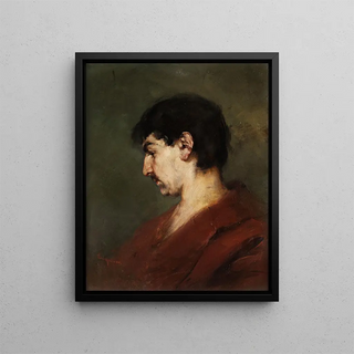 Portrait of a young man's head with black hair and a red coat - Anton Laupheimer — framed artwork on a wall