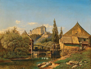View of a dam on the Szava River with Šternberk Castle in the background - Anton Liehl — artwork view