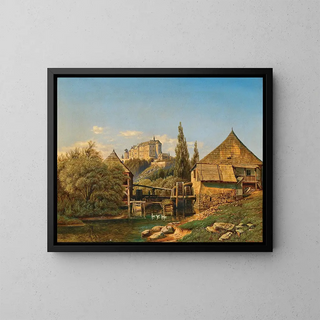 View of a dam on the Szava River with Šternberk Castle in the background - Anton Liehl — framed artwork on a wall