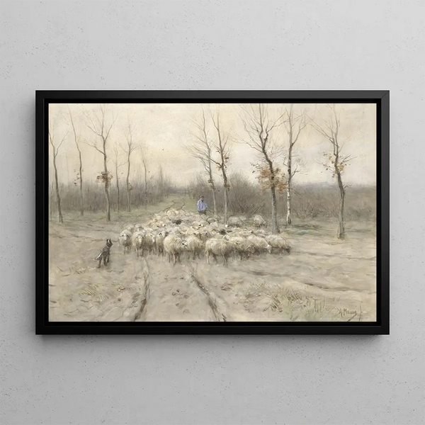 Flock of sheep on the heath near Laren - Anton Mauve — framed artwork on a wall