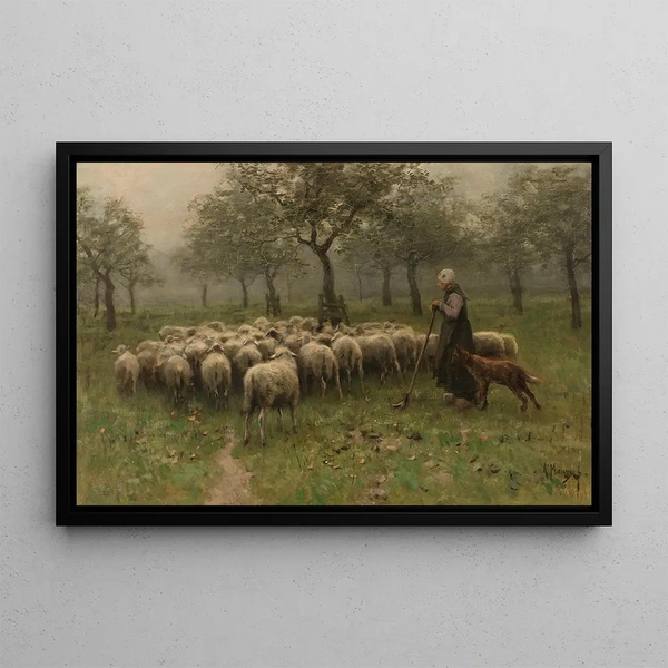 Bergère with a flock of sheep - Anton Mauve — framed artwork on a wall