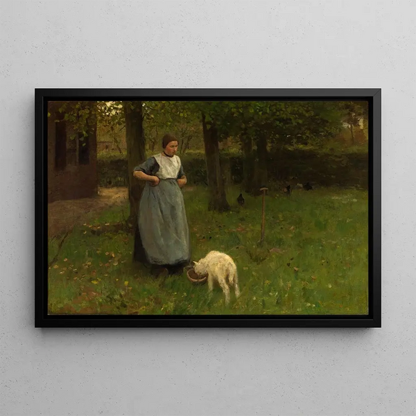 Woman of Laren with lamb - Anton Mauve — framed artwork on a wall