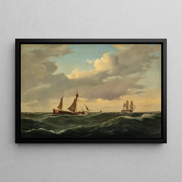 Koff Dutch and warship by moderate wind - Anton Melbye — framed artwork on a wall