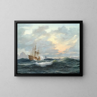 a boat with wheels and other ships at sea - Anton Melbye — framed artwork on a wall